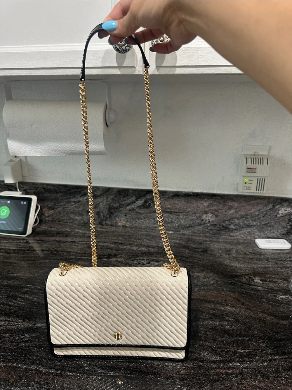 Tory Burch Quilted Cream Crossbody with Black Trim and Gold Chain